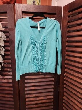 Cherokee Teal Ruffle-Front V-Neck Cardigan